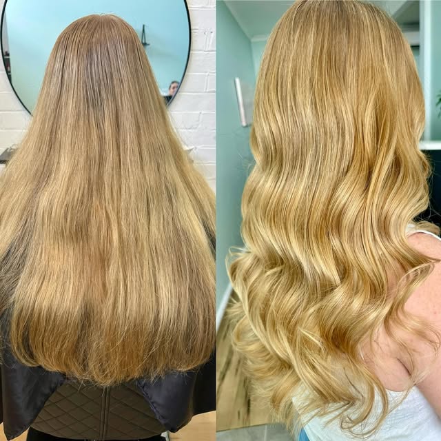 Before and after a colour correction to an even blonde