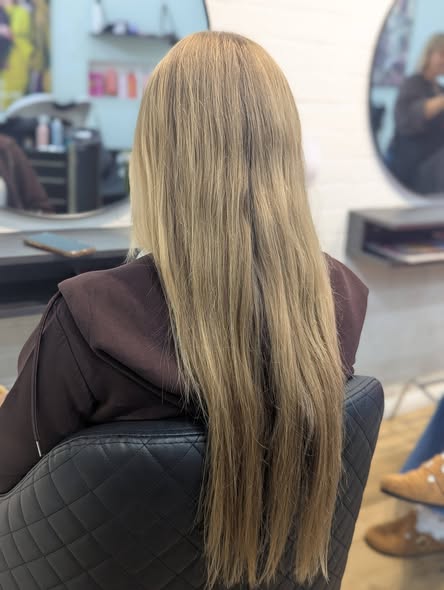Long blonde balayage, styled straight